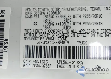 2019 Toyota Tundra Sr 4.6L V8 from USA, damaged, VIN 5TFUM5F13KX084019